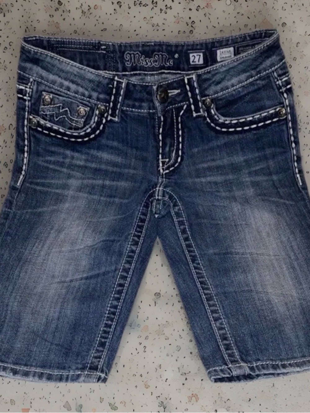 Miss Me Irene Bermuda Shorts Blue Denim White Stitch Embellished Western Sz 27